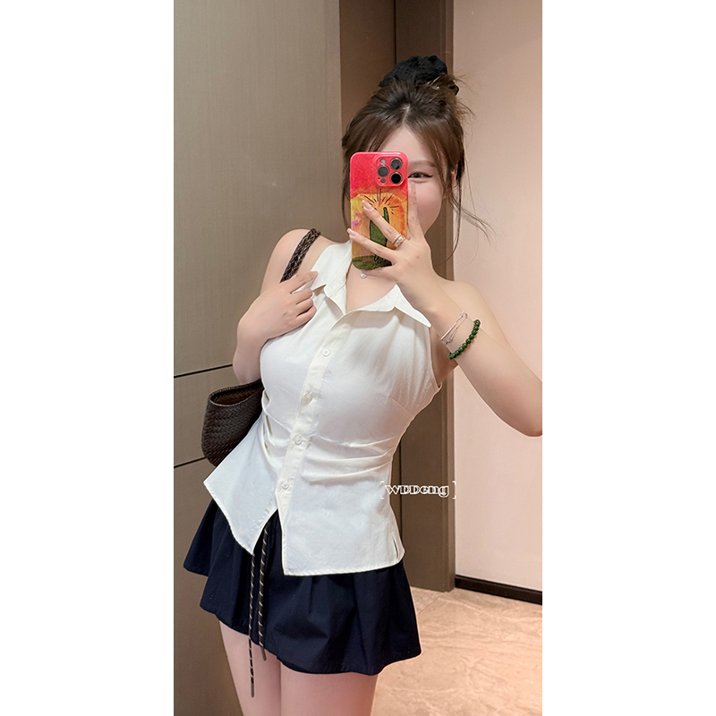 清清款王等等【法式浪漫】55%天丝挂脖收腰衬衫+裙裤套装U225C08163