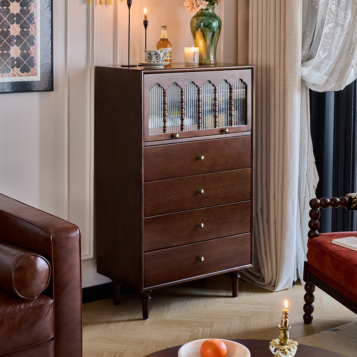 法式复古实木斗柜全实木中古风家用客厅靠墙一体储物柜电视柜边特