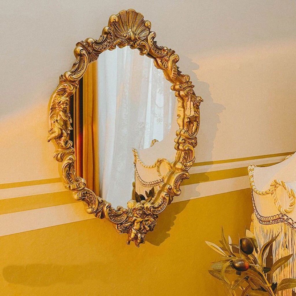 欧式复古镜天使雕花ins风梳妆镜卧室客厅小天使镜子壁挂组合装饰