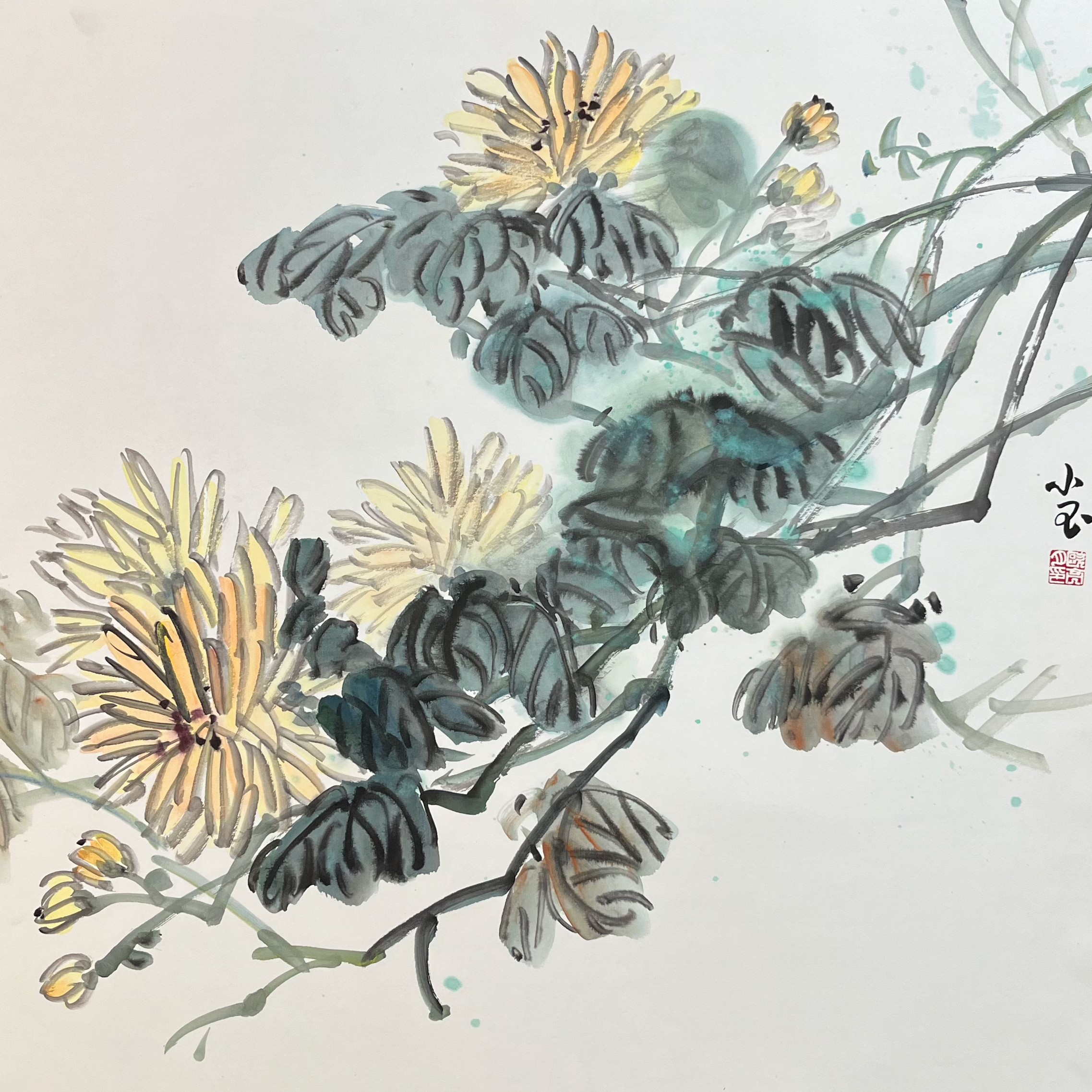 张大风艺术馆  欧亮月绘画作品《菊花》Y48，尺寸68X68cm