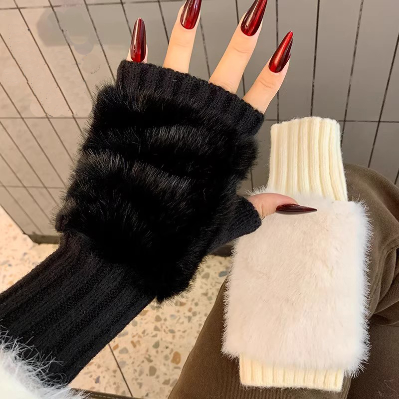 新款露指半指手套女冬季高端针织防寒保暖毛绒加厚加绒学生暖手套