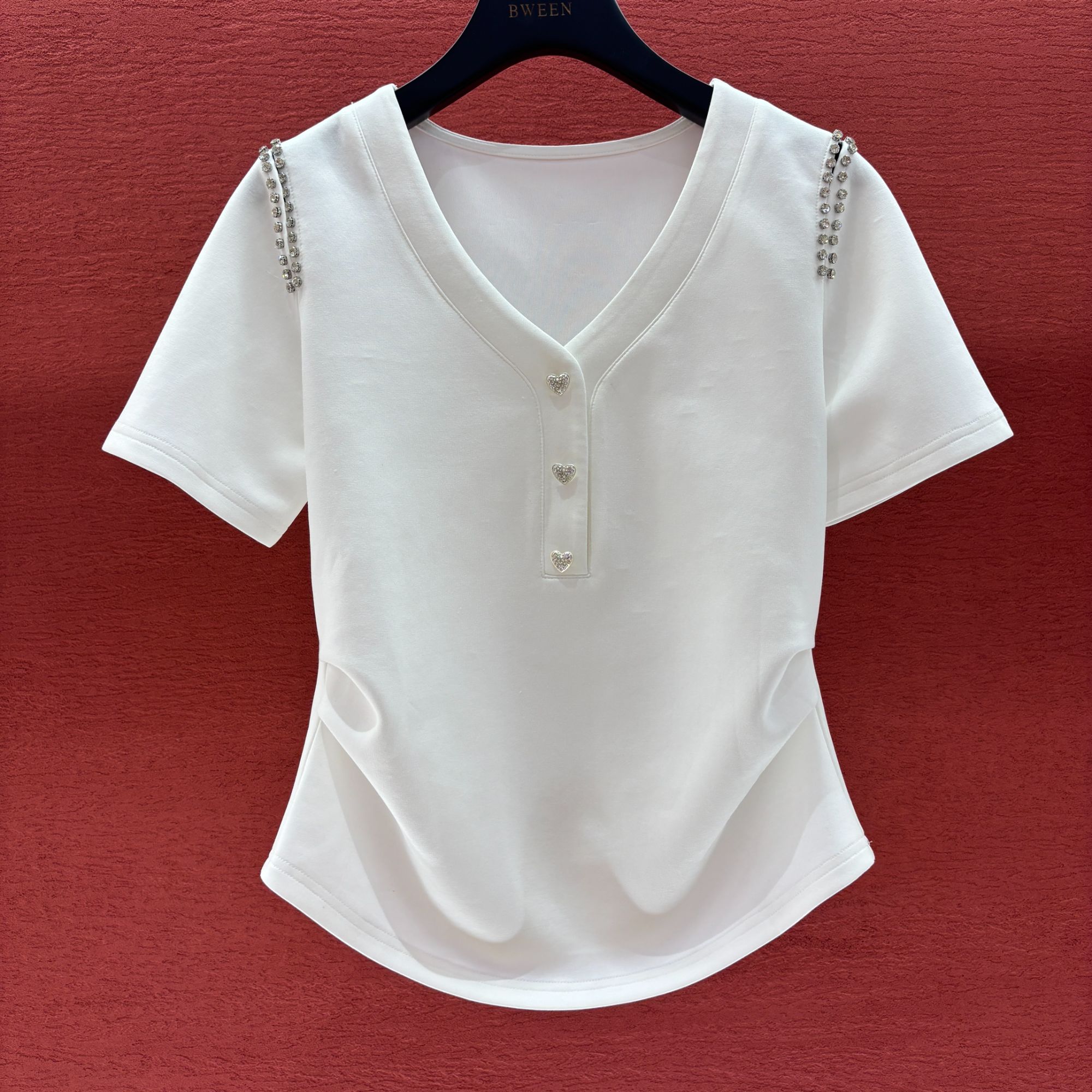 【Q露肩】25年春夏新款收腰女士时尚钉钻露肩休闲短袖T恤