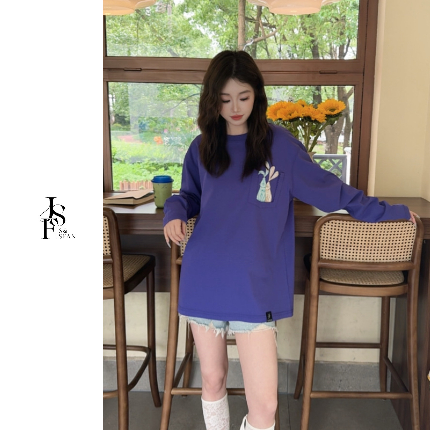 JS&JSFAN早秋潮流印花减龄宽松中长款遮臀长袖百搭ins打底衫时尚