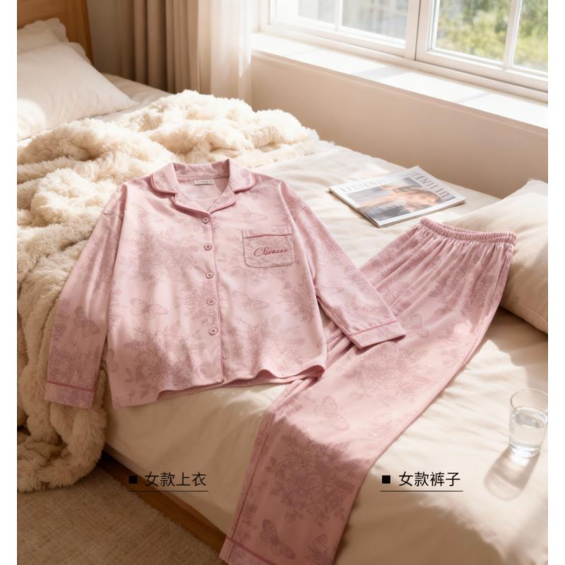 胸垫版睡衣女冬季新款爆款纯棉长袖长裤家居服套装（蝴蝶花园）