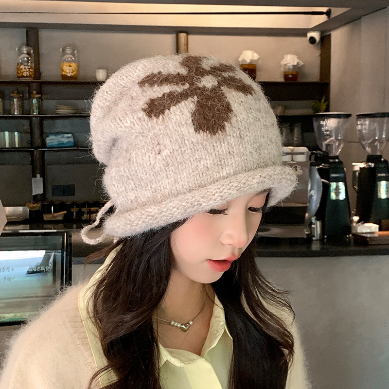帽子提花蝴蝶结套头抽绳堆堆帽女冬季保暖防寒护耳帽显脸小毛绒帽