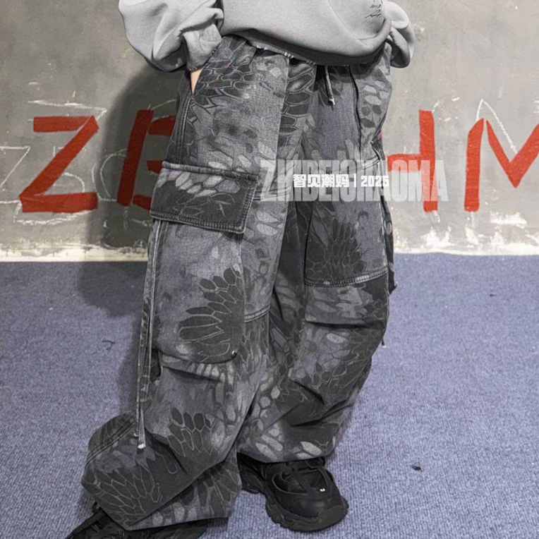 街头潮酷经典复古迷彩一体绒中大童工装裤