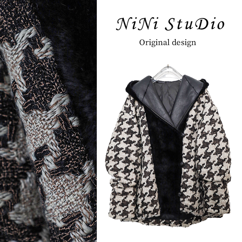 “羊毛花呢鹅绒服”90白鹅绒拉贡皮毛一体连帽女士鹅绒服冬季25707