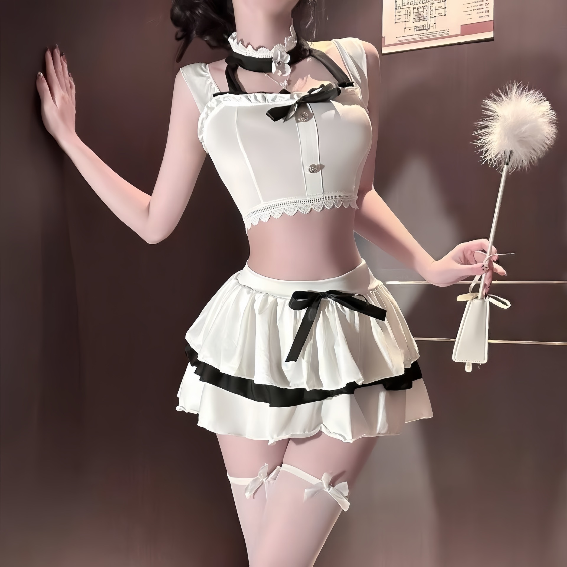 【幼猫】内衣纯欲风甜酷少女上衣小飞袖短款蝴蝶结短裙蓬蓬裙