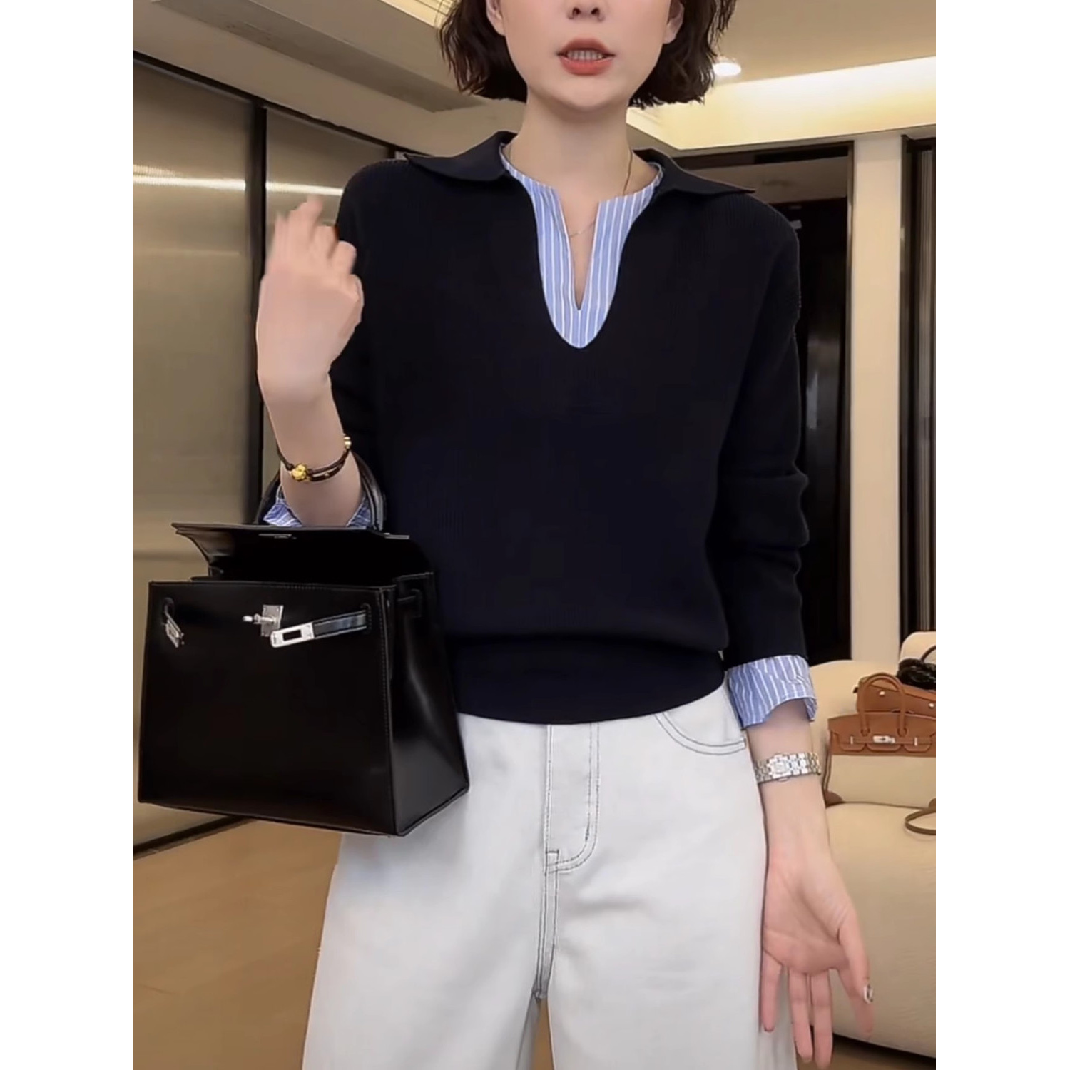法式气质假两件撞色拼接条纹针织衫2025春秋小众设计款POLO领上衣
