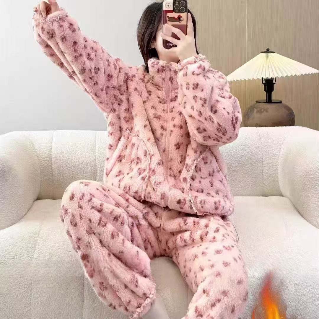 新款甜心豹纹保暖冬季长袖豹纹睡衣家居服套装加厚女款甜美