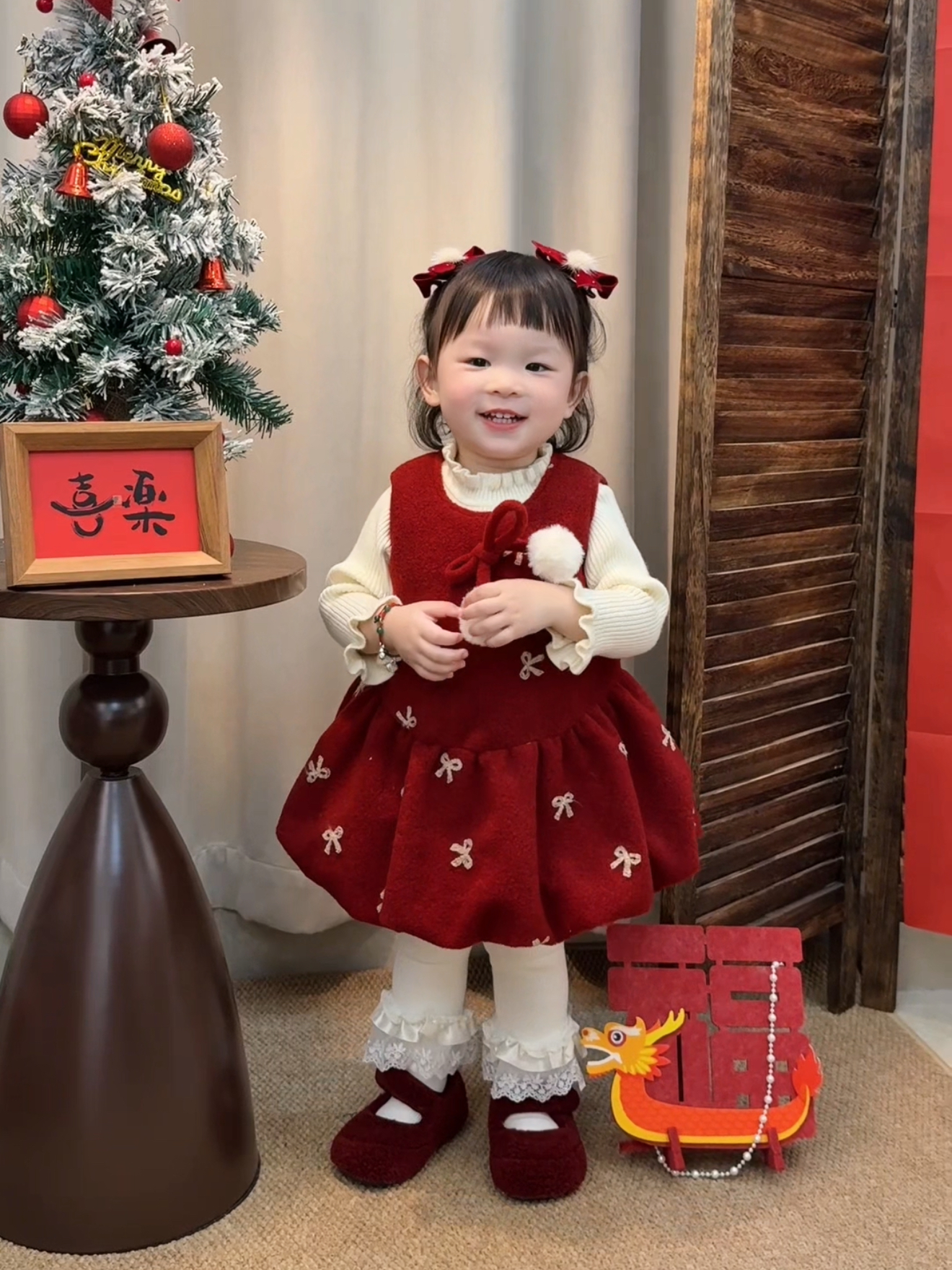 萱妈家-【球球蝴蝶结加绒背心裙】新年套装拜年服洋气红色女宝裙子