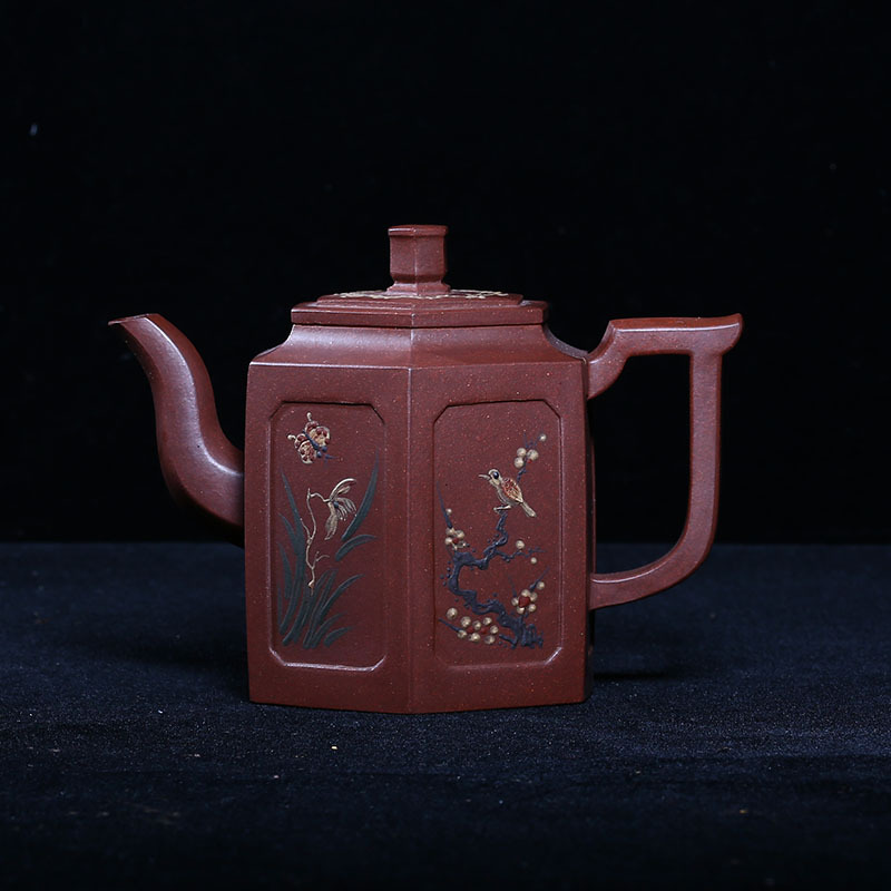 台湾回流老紫砂壶独孔老紫泥400c泥绘六方壶