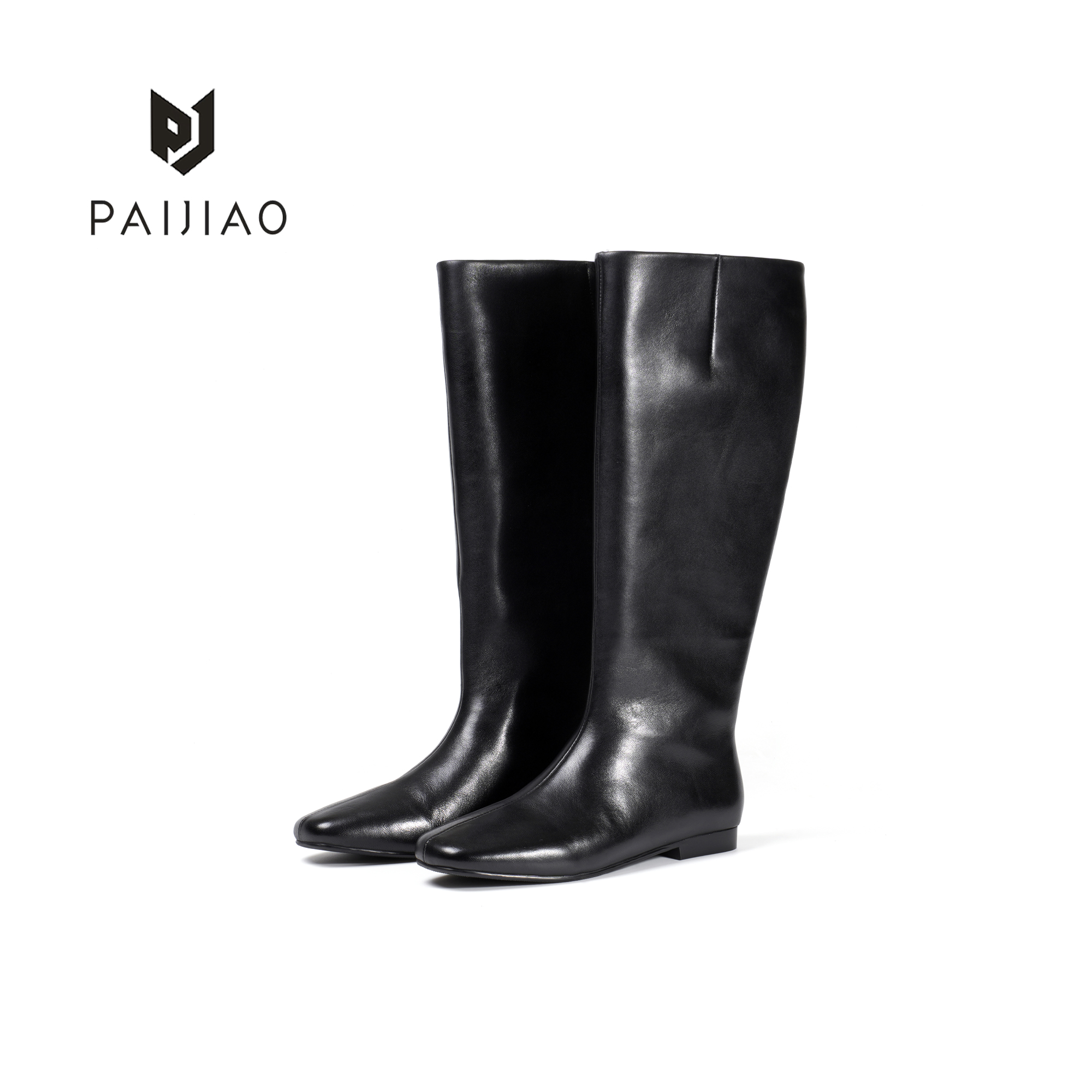 法式极简羊皮中缝方头一脚蹬低跟百搭气质长靴时尚瘦瘦靴XC1110-6