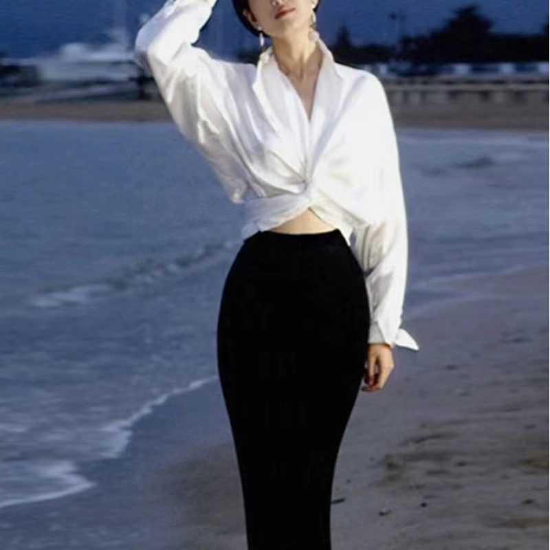 如君 早春新款法式宽松系带长袖同款打结白衬衫女 HC042