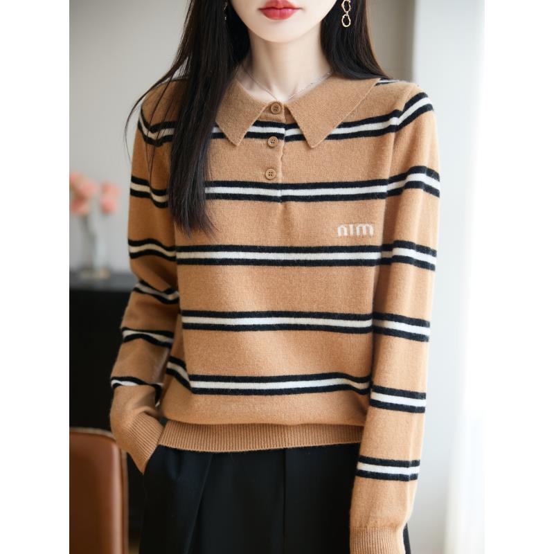 100%羊毛字母翻领POLO领条纹长袖D2505