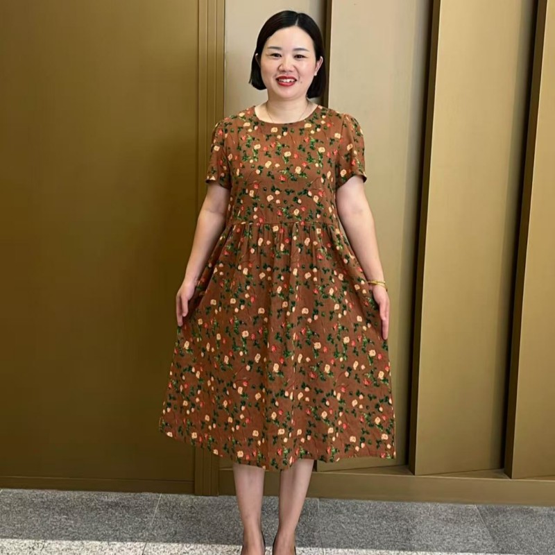 夏季新款圆领小碎花娃娃裙遮肉减龄宽松连衣裙