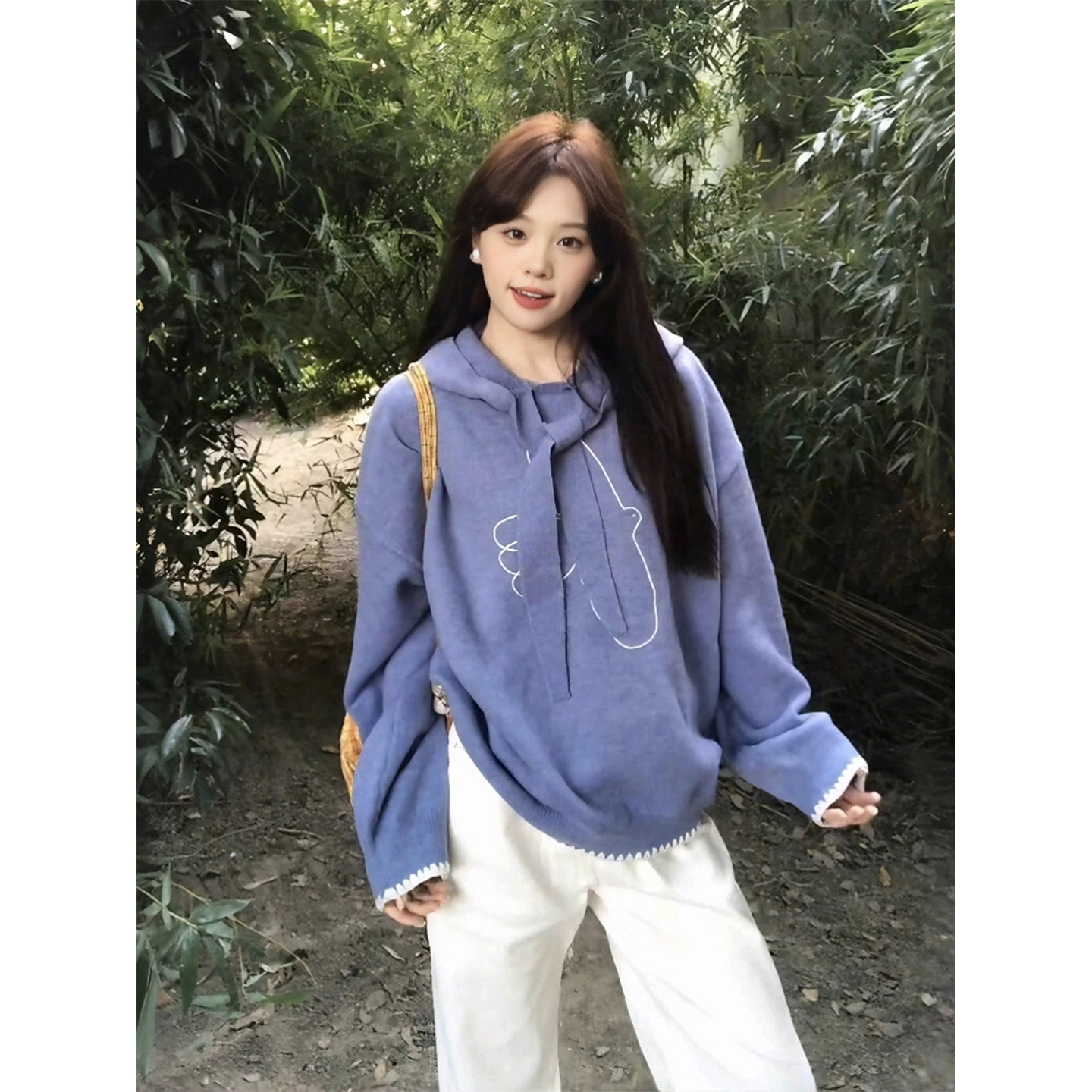 韩系蓝色连帽系带套头毛衣女2025秋冬季高级感独特别致超好看上衣