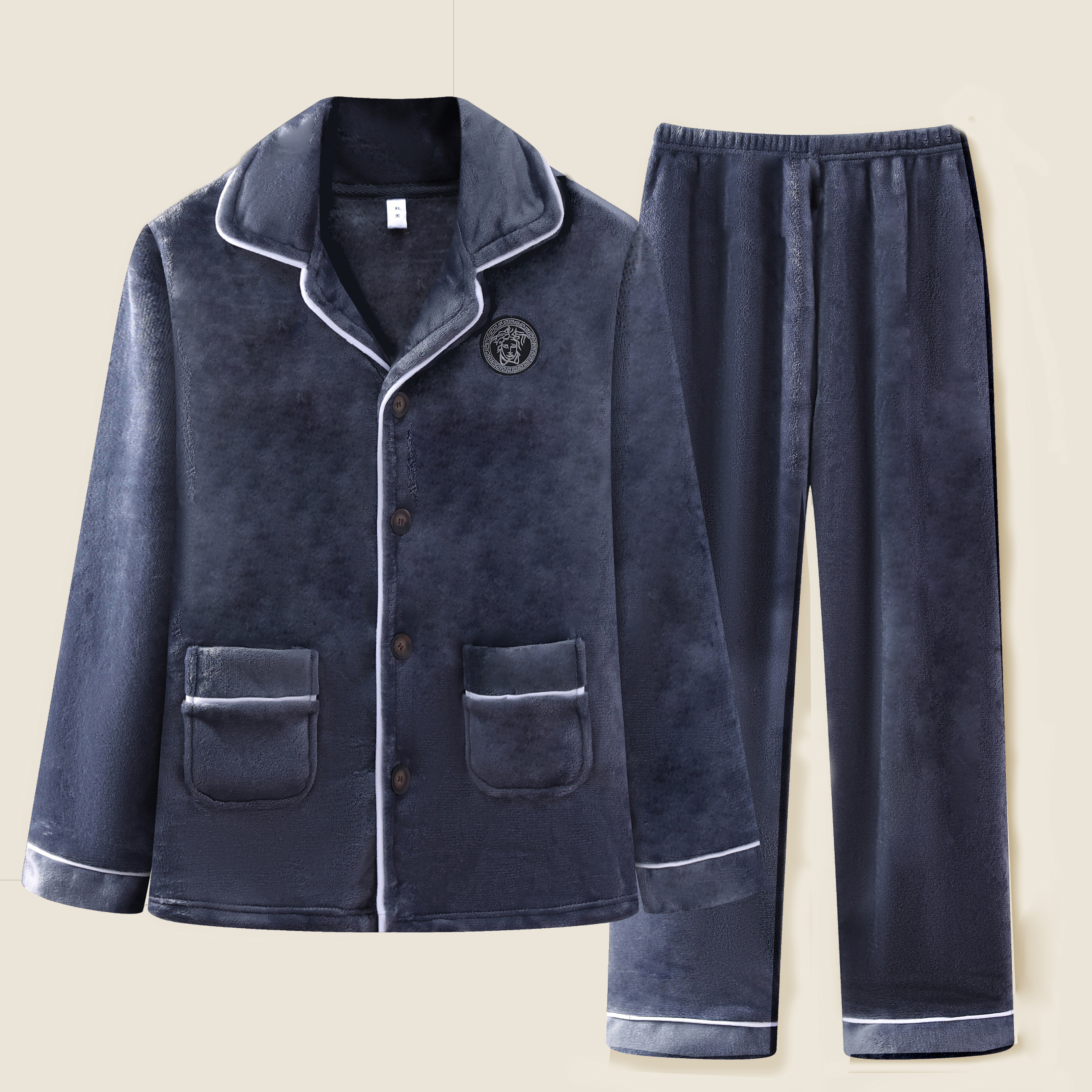 法兰绒睡衣男冬季加厚保暖家居服套装简约休闲长袖开衫秋天可外穿