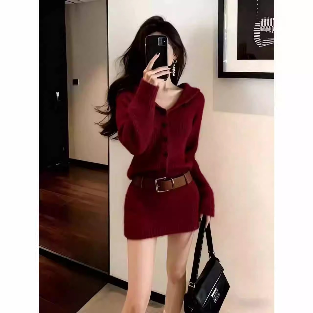 圣诞新年红色翻领针织连衣裙女2025秋冬季新款高级感毛衣包臀裙子