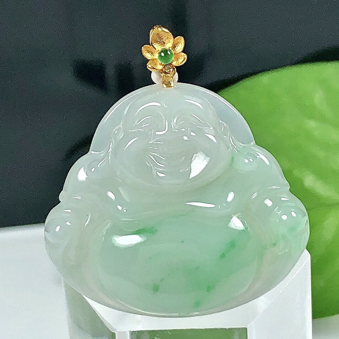 缅甸天然翡翠A货18K金扣镶嵌冰润飘阳绿佛公吊坠挂件精装精美气质