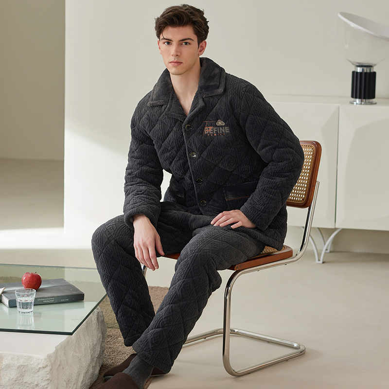 芬腾男士珊瑚绒夹棉睡衣冬季加厚保暖三层法兰绒家居服套装