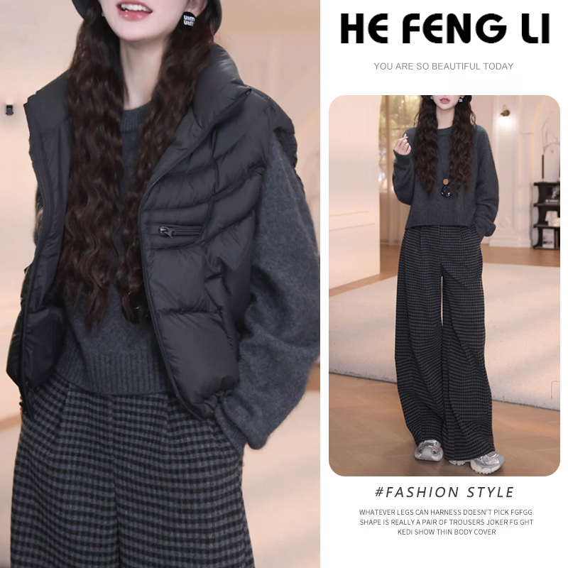 2025韩系时尚套装秋冬纯色针织衫毛衣长袖松紧腰高腰格子休闲裤