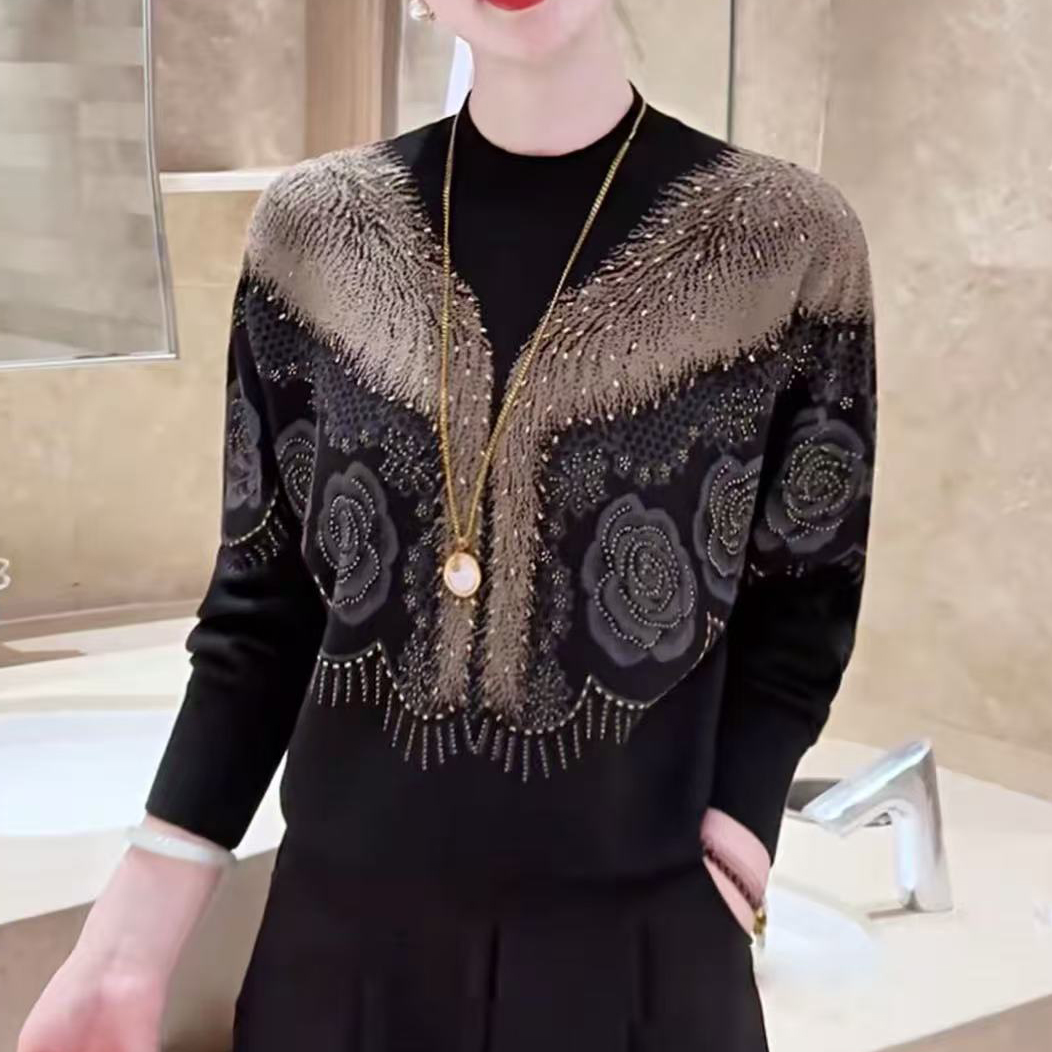 民族风提花烫钻圆领长袖妈妈针织衫2025秋冬新款休闲百搭女士毛衣