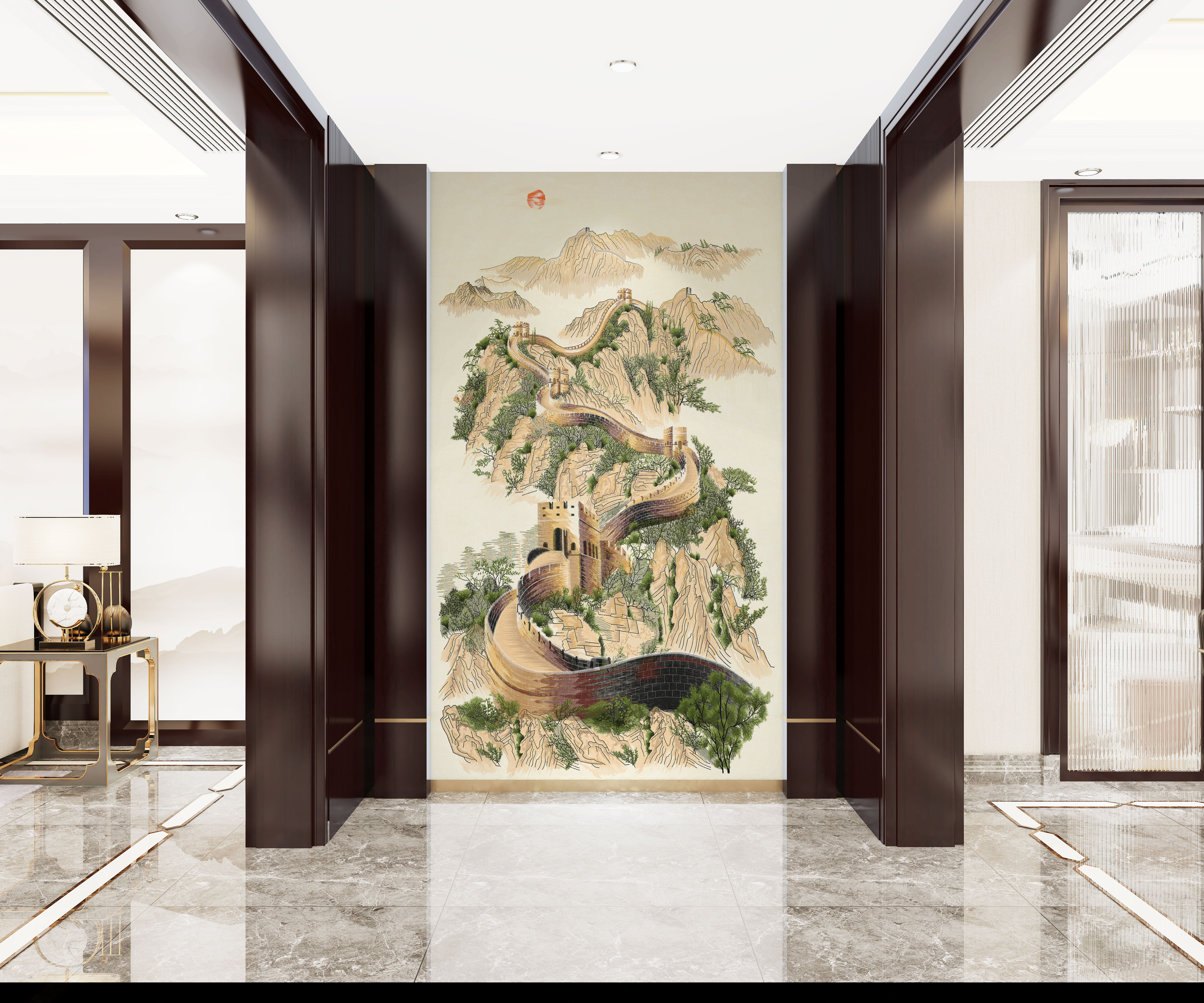 馨绣居-君临天下长城高端独绣新中式刺绣小玄关背景墙