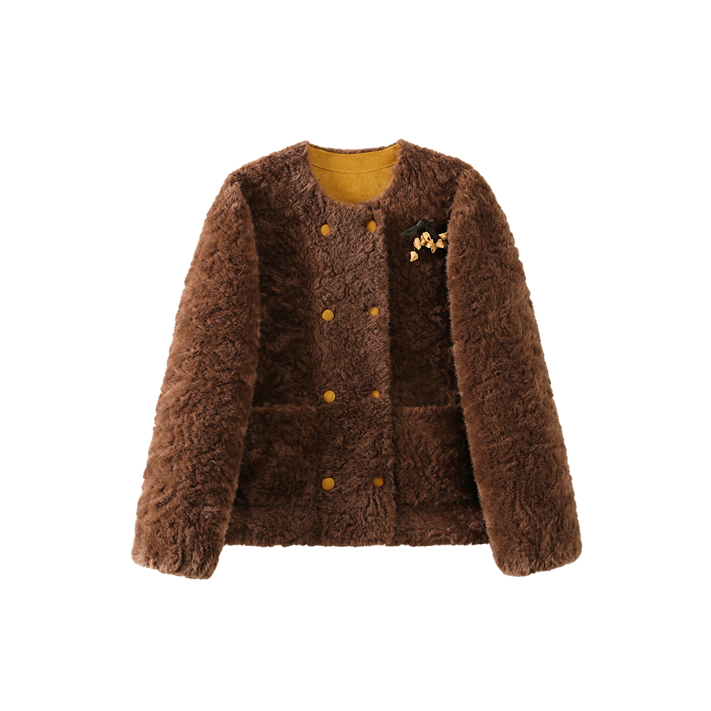 冬季气质慵懒风时尚圆领撞色加厚毛绒外套559591317