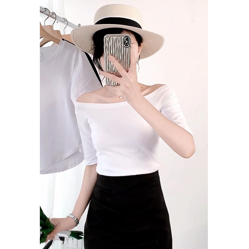 白色T恤女中袖一字肩体恤百搭内搭棉质打底衫短袖修身设计感上衣