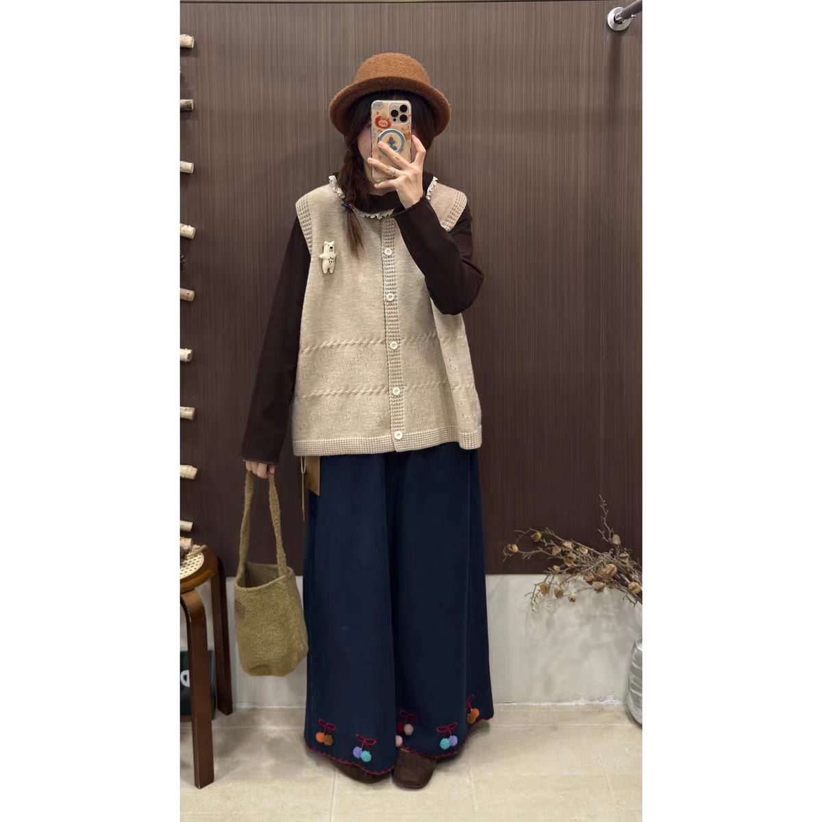 薇莎0092【小熊别针】森系软糯宽松百搭针织开衫马夹（单马甲）