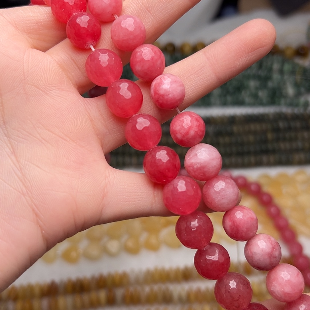 玛瑙/玉髓合金珠宝半成品I272。12mm西瓜玉刻面圆珠一条