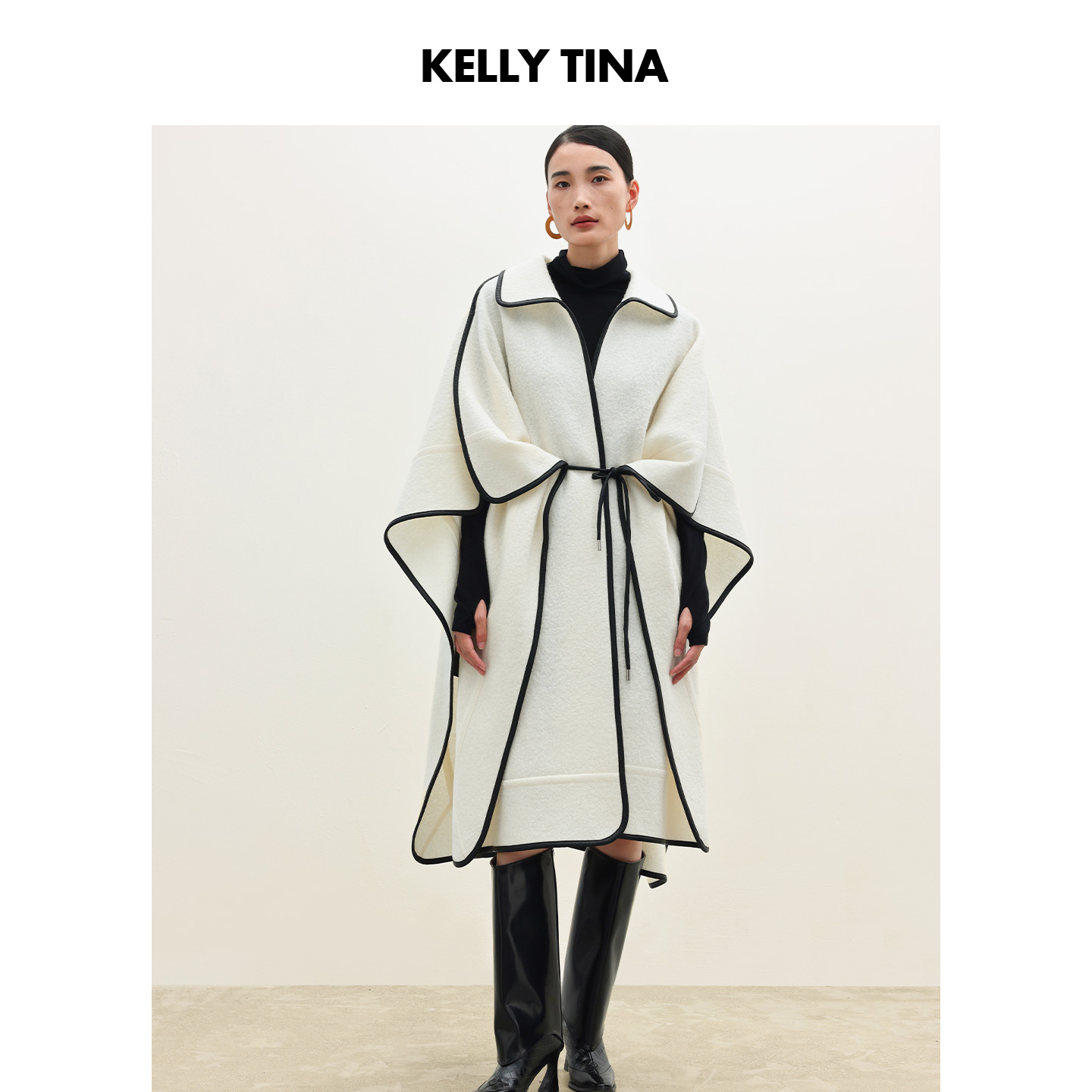 KELLY TINA「都市游牧者」羊毛拼皮斗篷中长款时尚