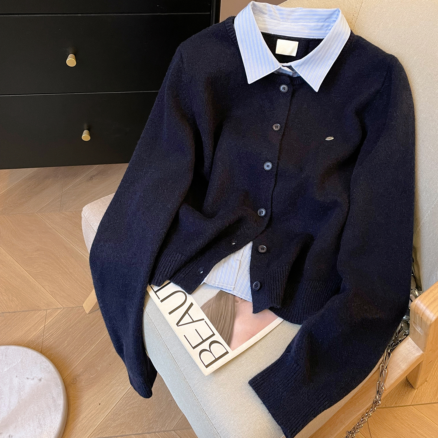 小C家 拼接衬衫领假两件针织衫女2025新款秋冬学院风毛衣开衫外套