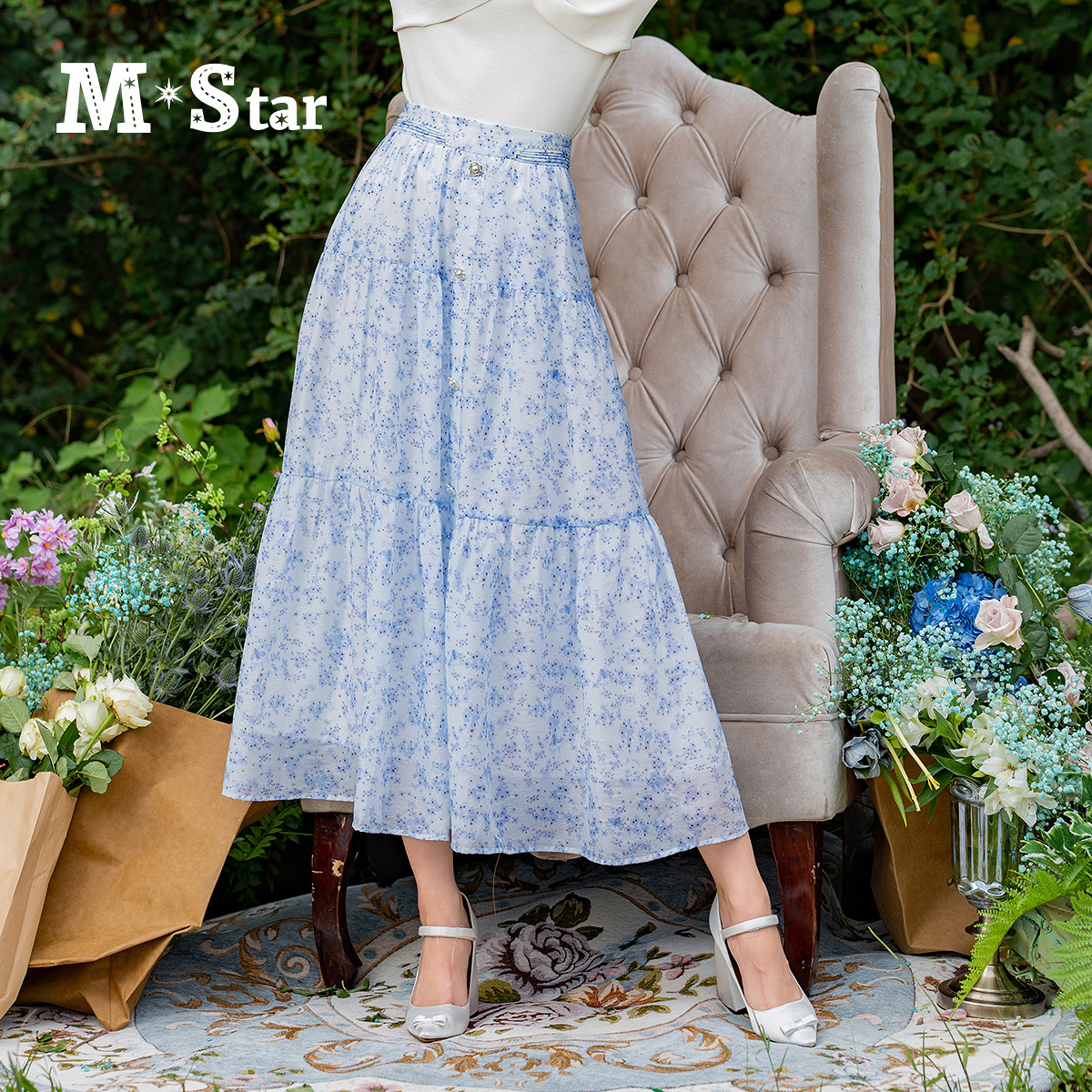 M-Star春季新款法式碎花轻薄中长半身裙女士SFEQ113661