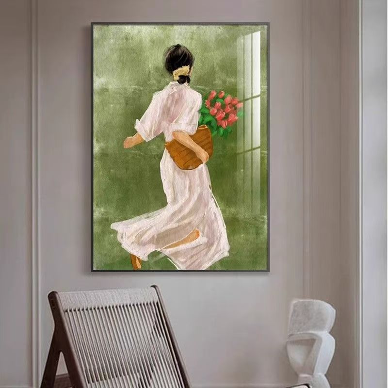中古风美式花季少女人物绿色复古无框装饰画适用于玄关卧室AS10