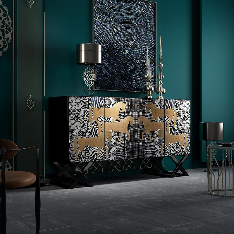 中古玄关柜入户门厅柜实木储物柜法式鞋柜彩绘金箔六头马六六大顺