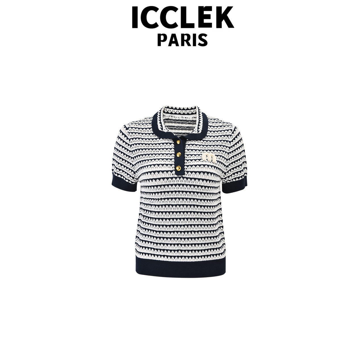 ICCLKE 白色条纹圆领纽扣短袖针织衫 百搭 时尚 -5622