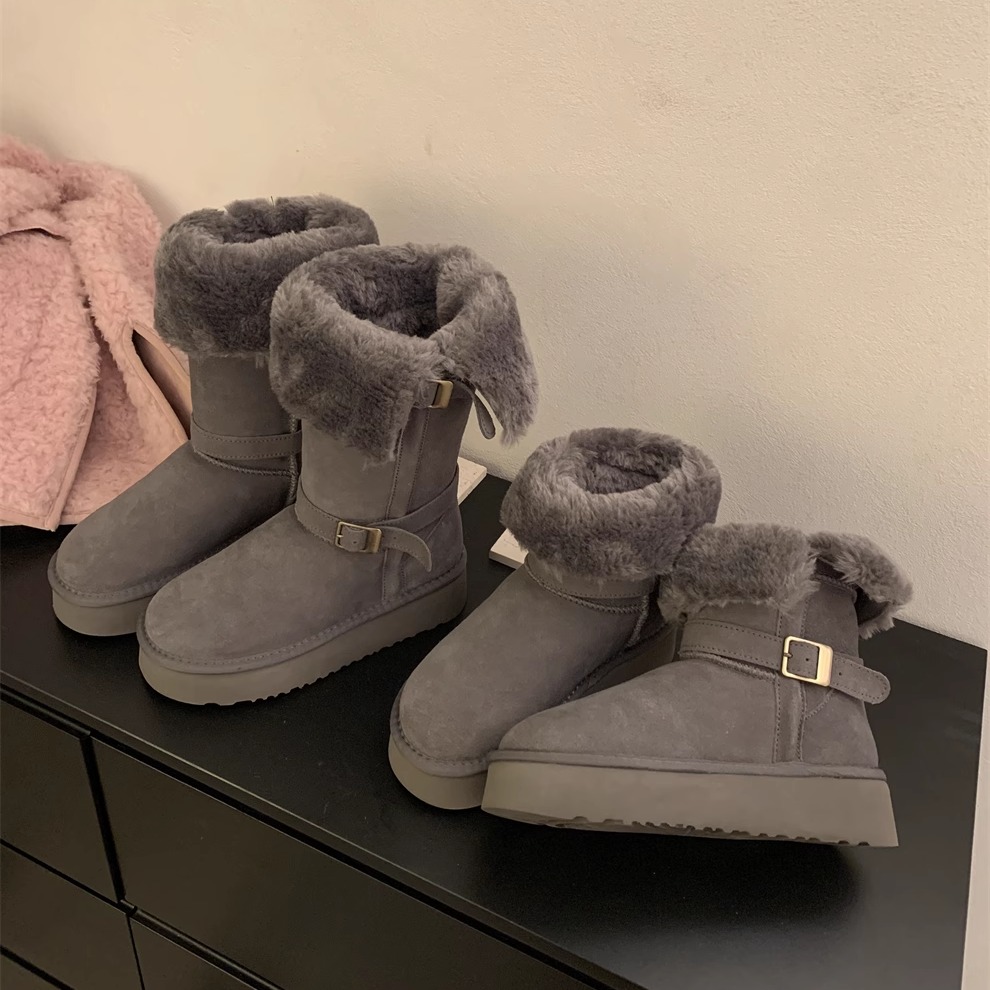 ！加绒加厚秋冬厚底高筒工装靴雪地靴中筒靴保暖毛毛靴女靴1