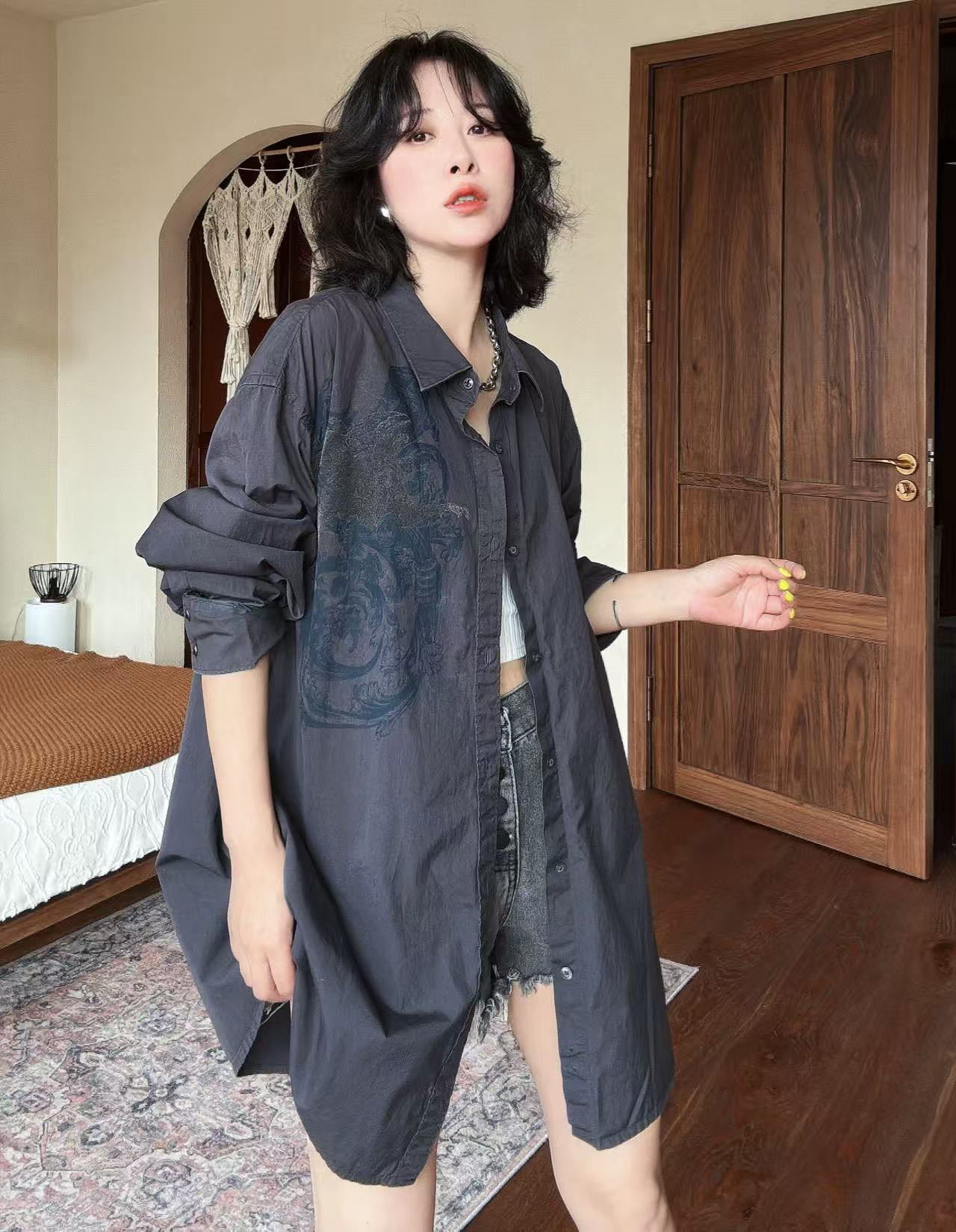 Renew/深灰色印花美式衬衫