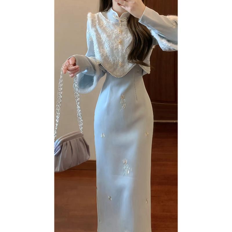 新中式国风套装拼接小马甲蓝色改良旗袍裙气质两件套2025年秋冬季