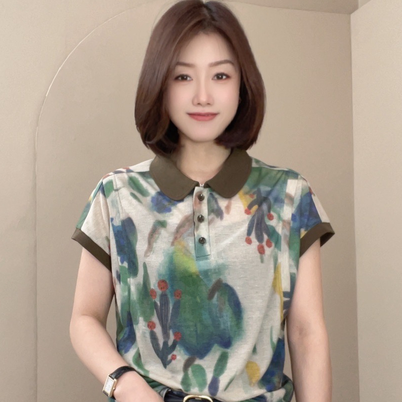 8070夏季新款时尚印花气质休闲薄款短袖小衫百搭设计感显瘦上衣