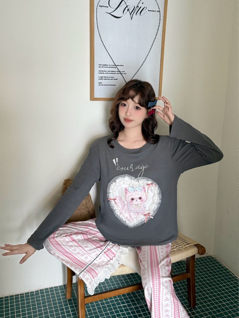【爱心小猫】套头可爱减龄条纹家居服