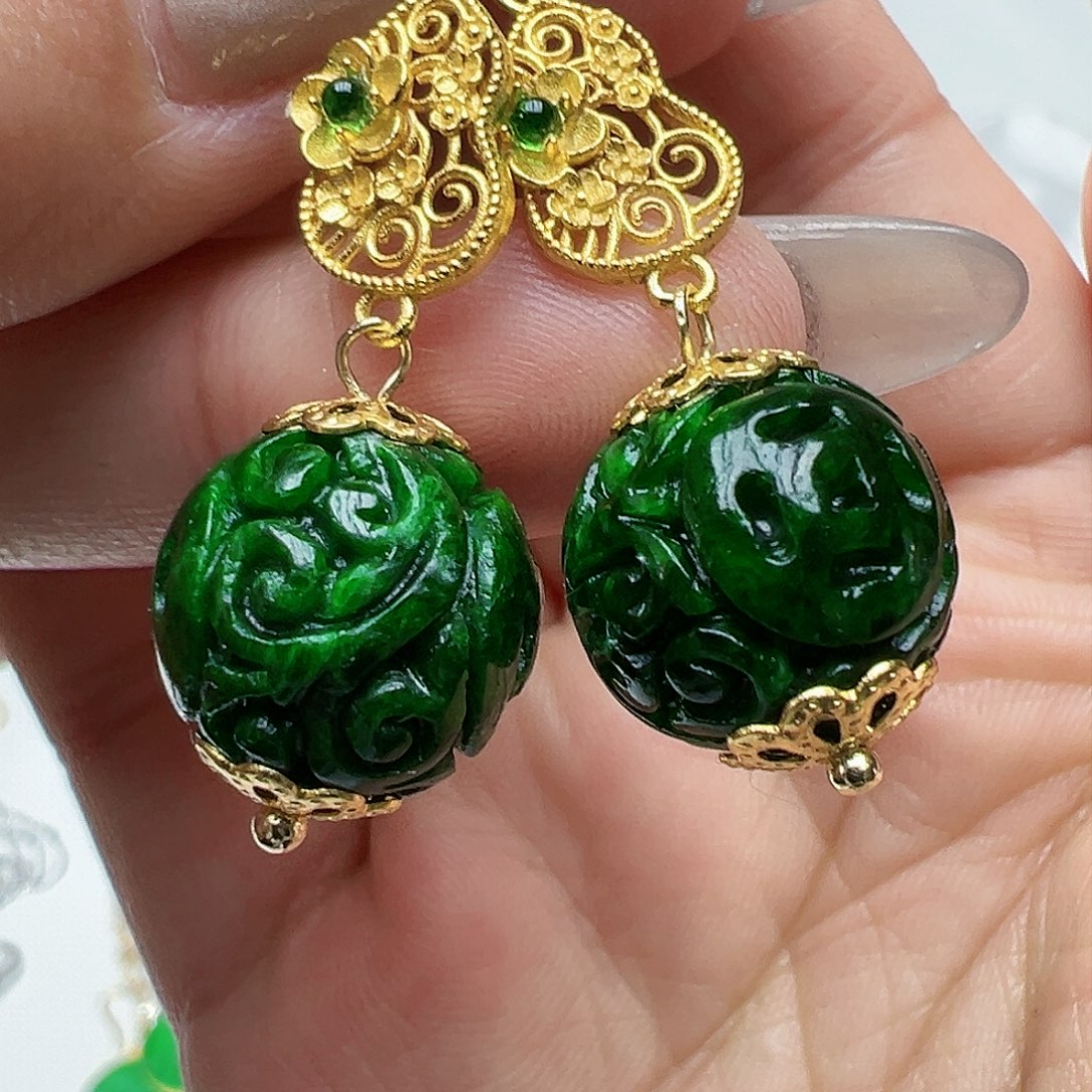 翡翠耳饰银S925镶嵌天然缅甸A货翡翠