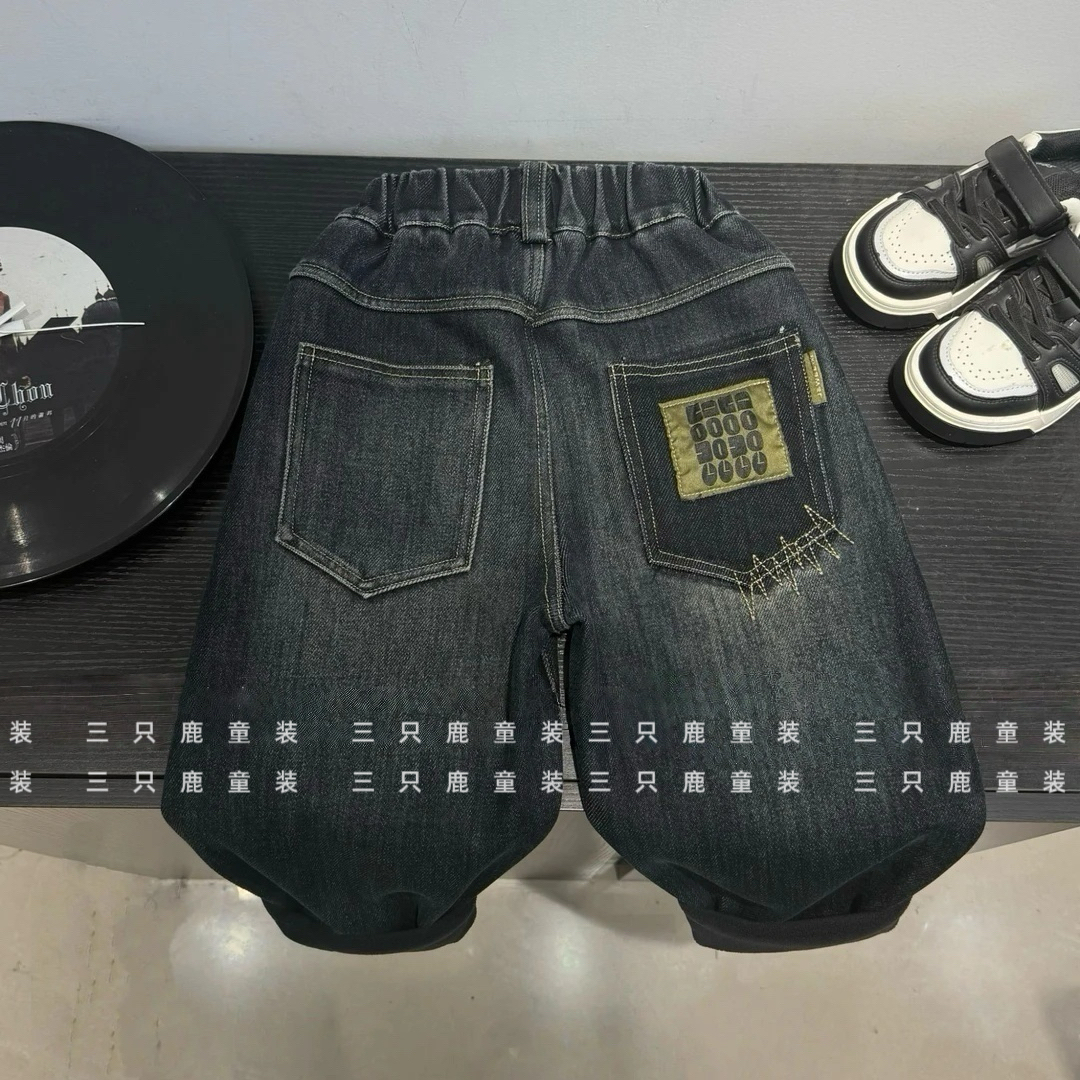 【三只鹿】B002男女童2023新款加绒后袋OOOO一体绒牛仔裤