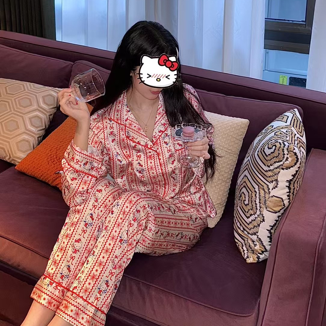 2025春夏季可爱卡通KT冰丝睡衣女学院风休闲可外穿女士网红家居服