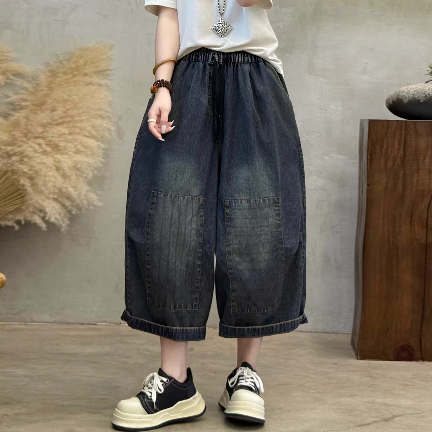 夏季时尚牛仔老爹裤女宽松八分裤个性贴布哈伦裤复古做旧阔腿裤