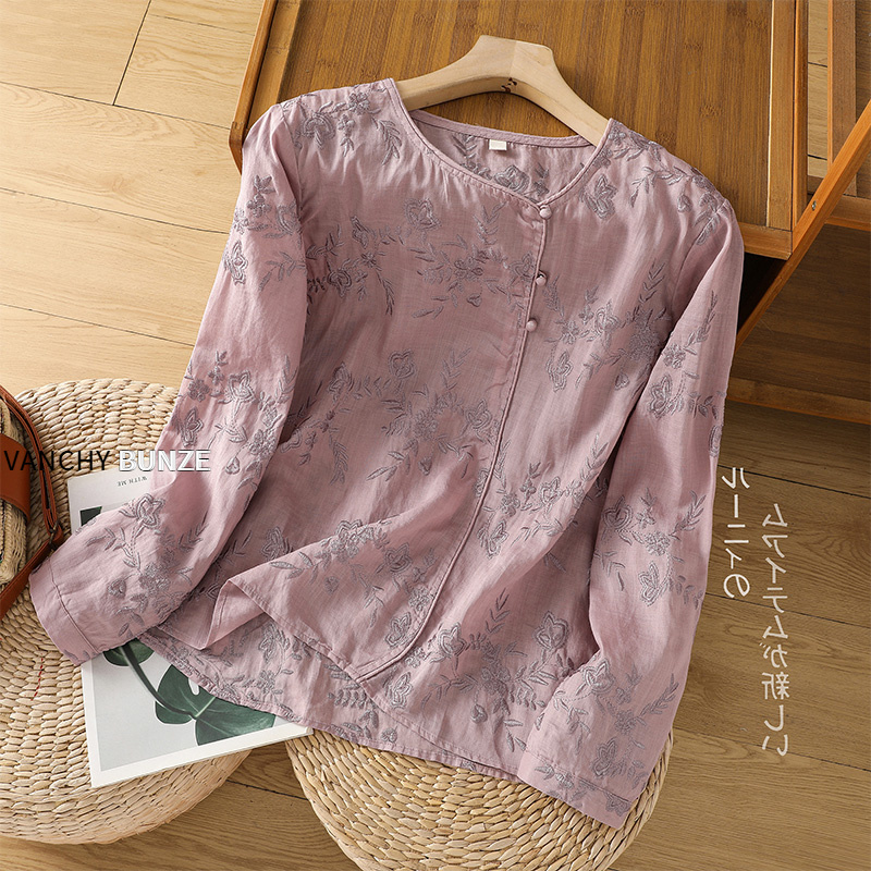 BUNZE 高端苎麻上衣夏季长袖2025新款薄款棉麻亚麻花衬衫小衫大码