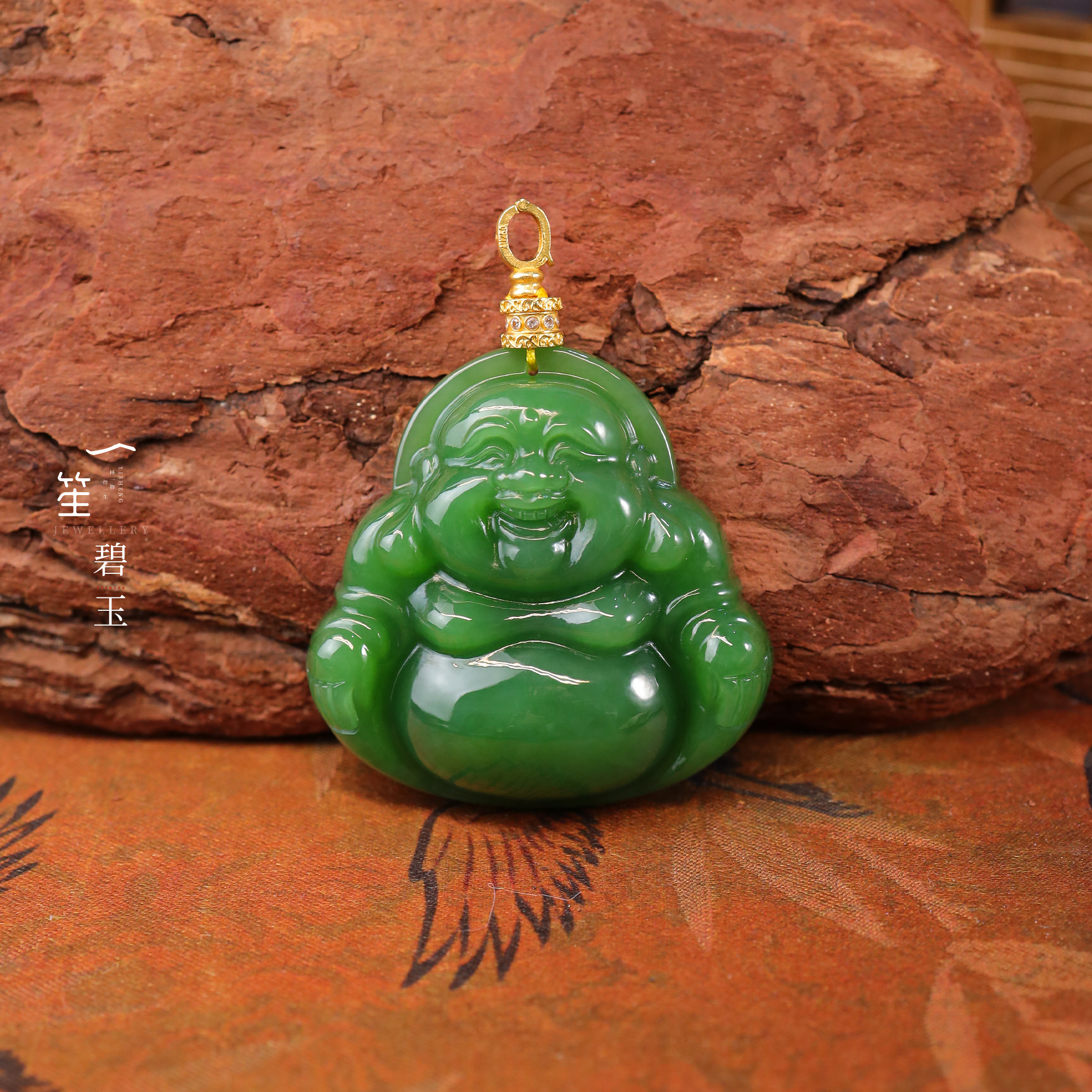 【一笙珠宝】天然和田玉碧玉佛公吊坠18k金镶嵌