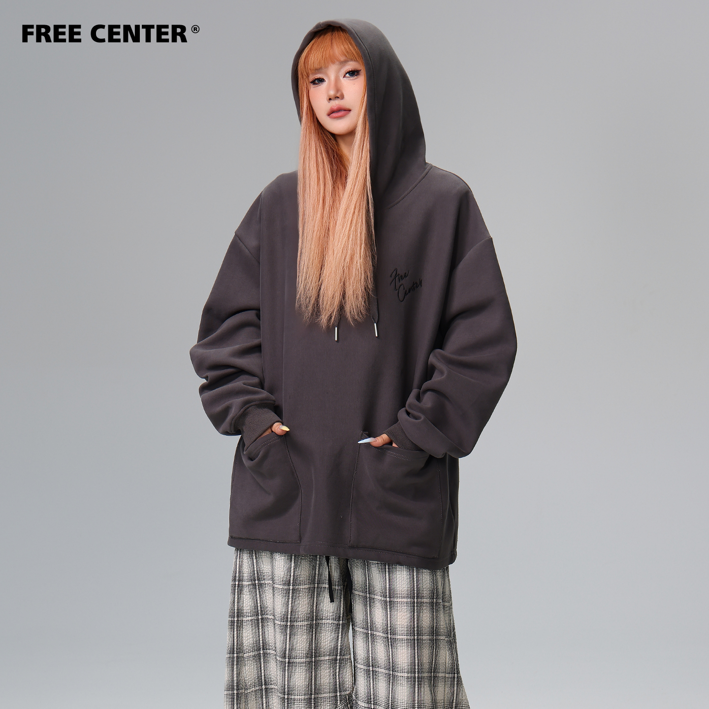 Free Center美式复古大口袋连帽卫衣男女宽松休闲百搭上衣秋冬潮